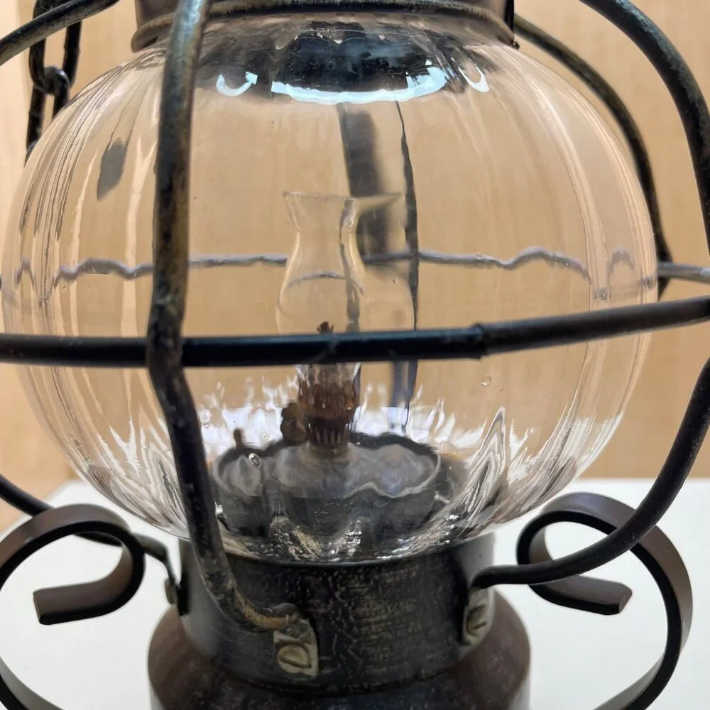 Rare Antique-Style 3 Piece Black Metal & Glass Lantern With Decorative Stand and